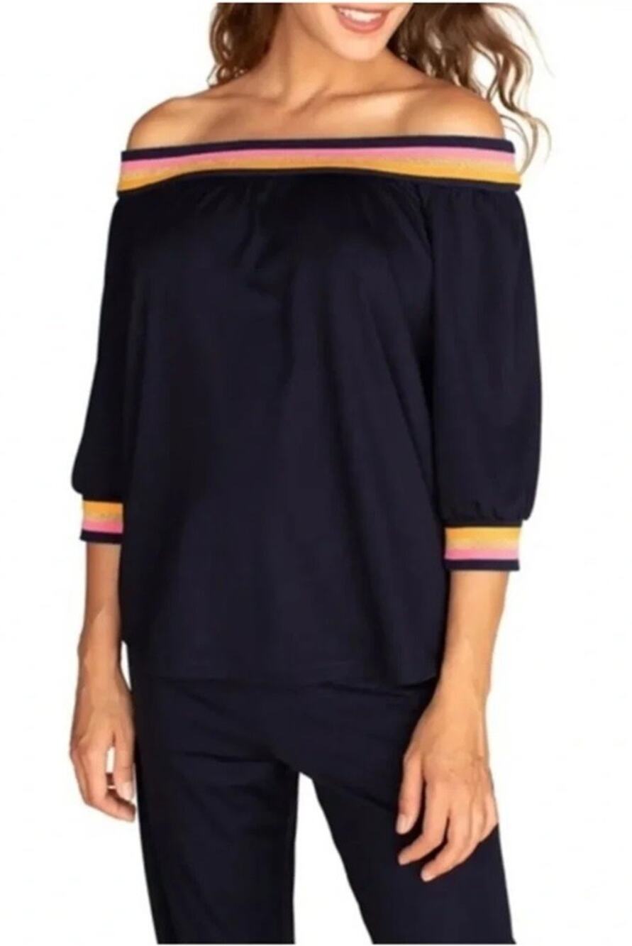 Trina Turk Women's Sz L Beach Off The Shoulder Varsity 3/4 Sleeve Navy